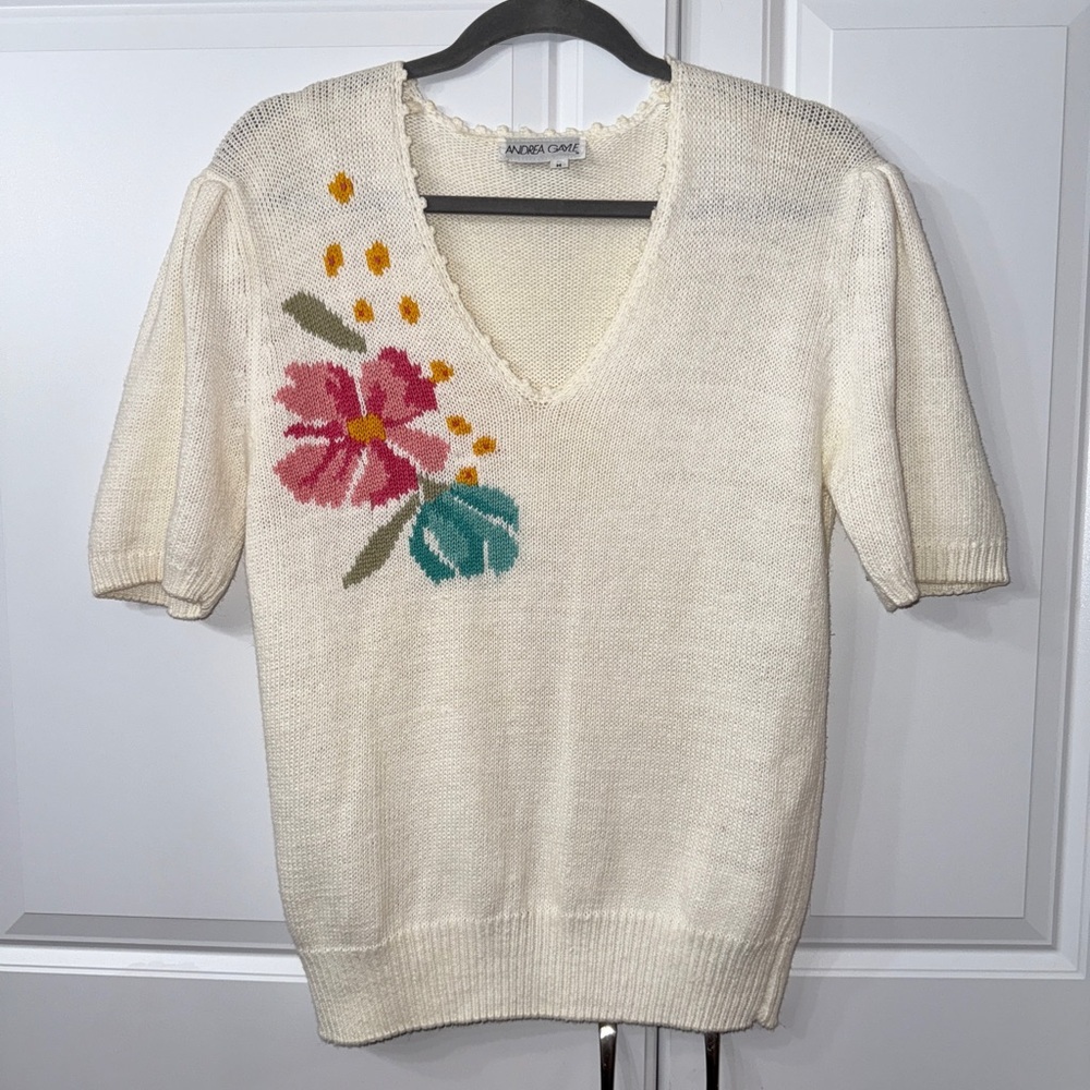 Vintage 80s 90s Andrea Gayle Knit Sweater Floral Embroidered Shirt Size Medium